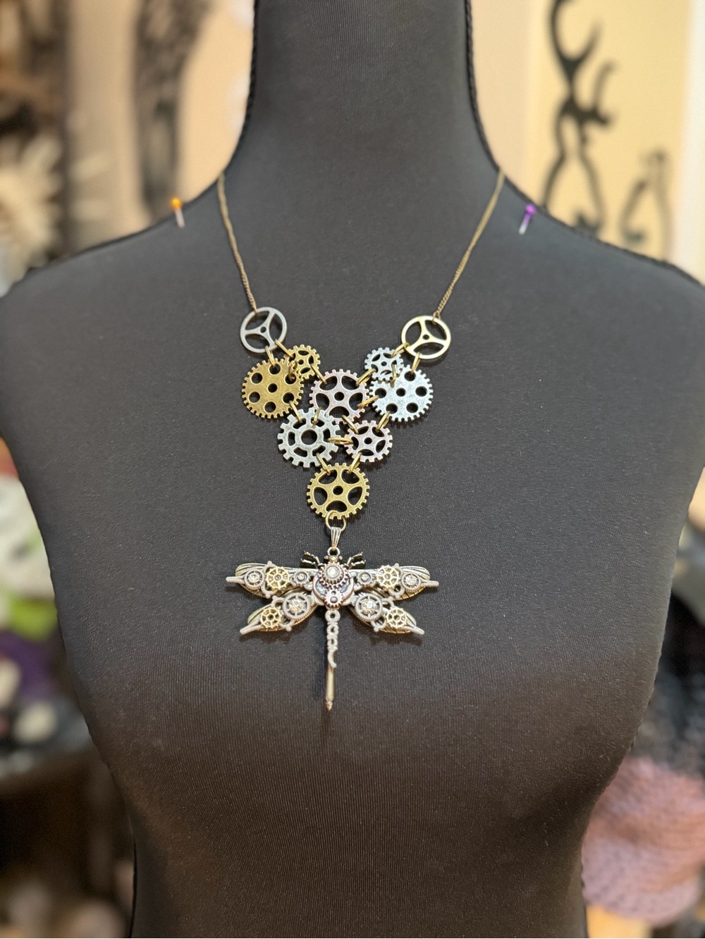 Steampunk Gear Dragonfly Pendant Necklace in Mixed Metal handmade